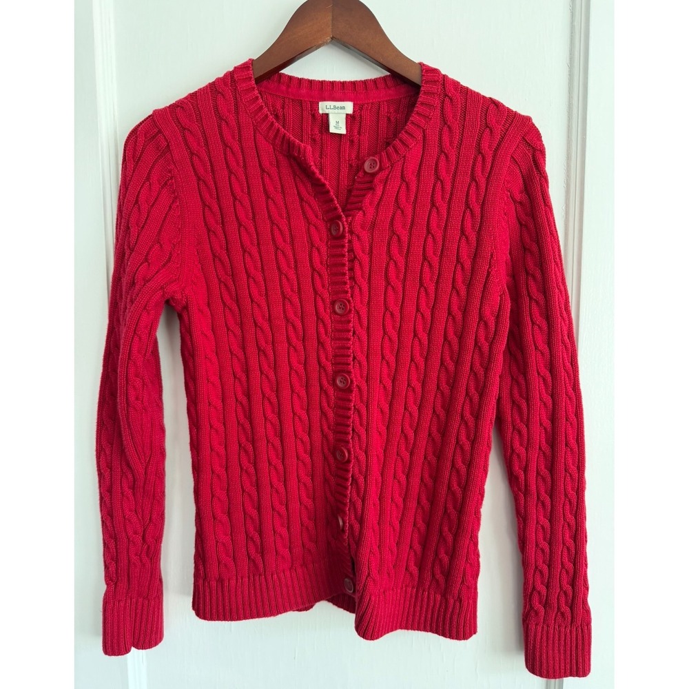 LL Bean Cardigan Womens M Double L Cable Knit Red Button Up Sweater 258842